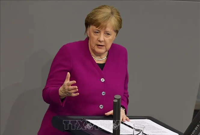 Thủ tướng Đức Angela Merkel phát biểu trong cuộc họp dịch về COVID-19 tại Berlin, ngày 23/4/2020. Ảnh: AFP/TTXVN