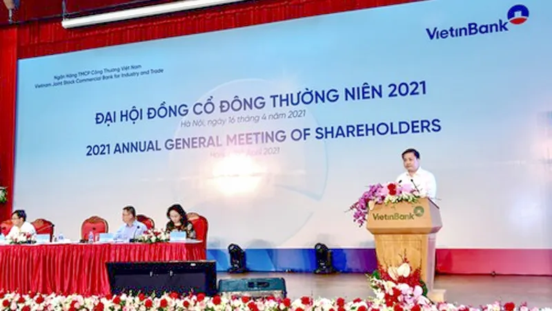 Ông Lê Đức Thọ, Chủ tịch HĐQT Vietinbank phát biểu tại Đại hội đồng cổ đông thường niên năm 2021