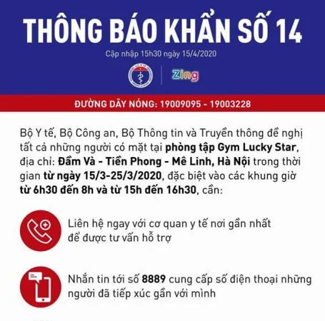 Bộ Y tế khẩn cấp tìm người tới phòng tập Gym Lucky Star ở Mê Linh, Hà Nội