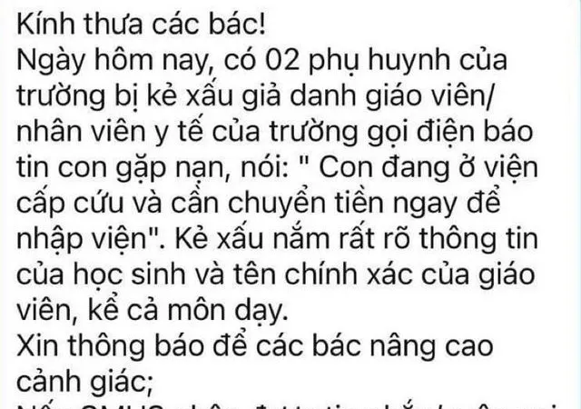 Sở GD-ĐT Hà Nội lên tiếng về chiêu lừa đảo “con đang cấp cứu, chuyển tiền gấp”