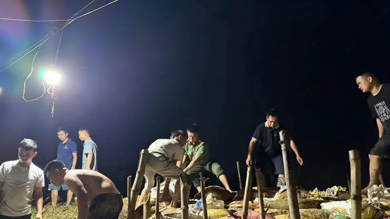 Lực lượng chức năng và người dân xã Đa Phúc, TP Hà Nội gia cố bờ đê vào đêm 8-10