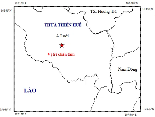 Vị trí tâm chấn động đất xảy ra lúc 9 giờ 58 phút sáng 29-3 tại A Lưới