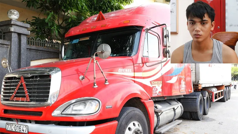 Tài xế Lưu Văn Châu và chiếc xe container vi phạm tại Cơ quan Công an