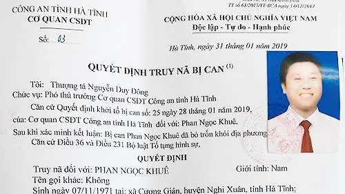 Quyết định truy nã bị can. Ảnh Công an Hà Tĩnh cung cấp