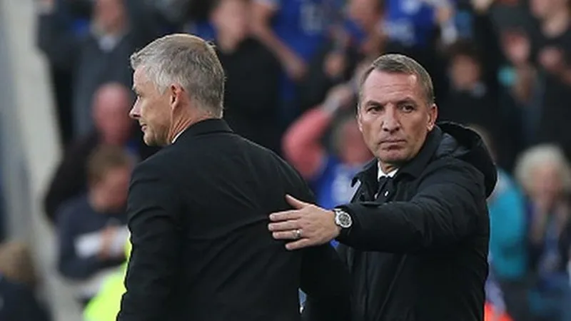 HLV Brendan Rodgers trong trận thắng 4-2 trước đội của Ole Gunnar Solskjaer ở lượt đi mùa này. Ảnh: Getty Images
