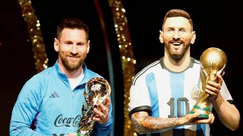 Lionel Messi và bức tượng của mình, vốn sẽ được đặt trong bảo tàng của LĐBĐ Nam Mỹ bên cạnh tượng Pele và Diego Maradona.