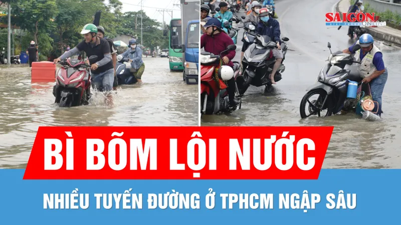 Triều cường vượt báo động 3, người dân TPHCM bì bõm đẩy xe chết máy