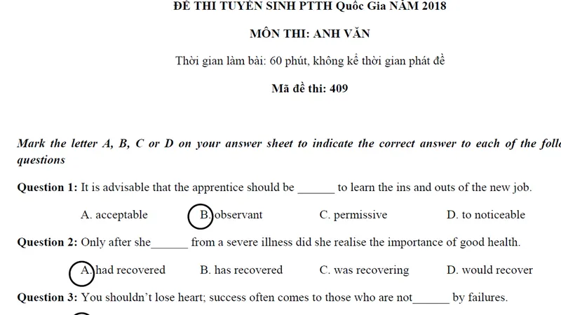 Bài giải gợi ý môn Anh Văn kỳ thi THPT quốc gia 2018