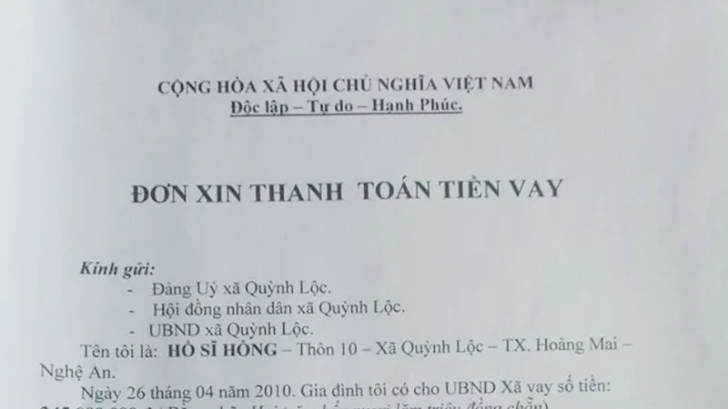 Các giấy vay tiền, khế ước vay tiền của UBND xã Quỳnh Lộc và đơn xin trả nợ của người dân