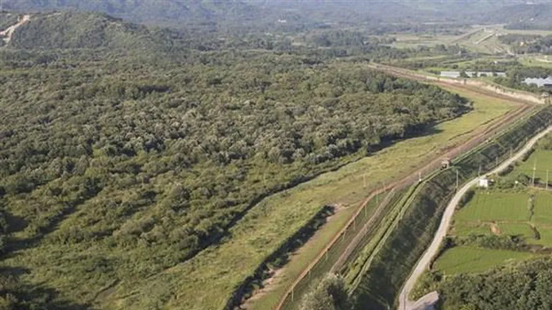 Quang cảnh khu phi quân sự liên Triều (DMZ) tại Cheorwon, tỉnh Gangwon, Hàn Quốc. Nguồn: TTXVN