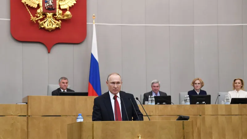 Tổng thống Nga Vladimir Putin phát biểu tại một phiên họp Duma quốc gia Nga ở Moskva. Ảnh: THX/TTXVN