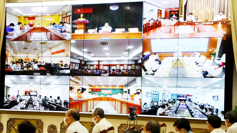 Ban Chỉ đạo Phòng chống dịch Covid-19 TPHCM họp giao ban trực tuyến với các sở, ngành và địa phương Ảnh: TTBCTP cung cấp - Hoàng Hùng biên tập