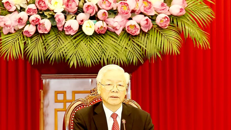 Tổng Bí thư Nguyễn Phú Trọng phát biểu tại Hội nghị thượng đỉnh giữa Đảng Cộng sản Trung Quốc với các chính đảng trên thế giới. Ảnh: TTXVN