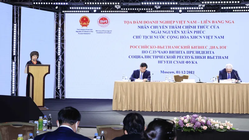 Nhà sáng lập, Chủ tịch Hội đồng Chiến lược Tập đoàn TH – bà Thái Hương – phát biểu tại Diễn đàn doanh nghiệp Việt - Nga tại Moscow ngày 1-12