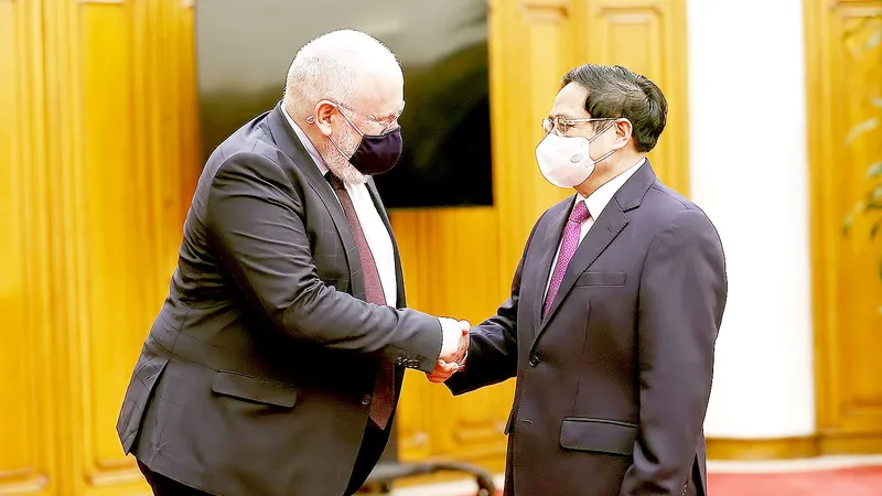 Thủ tướng Phạm Minh Chính tiếp Phó Chủ tịch điều hành Ủy ban Châu Âu (EC) Frans Timmermans đang thăm Việt Nam. Ảnh: TTXVN