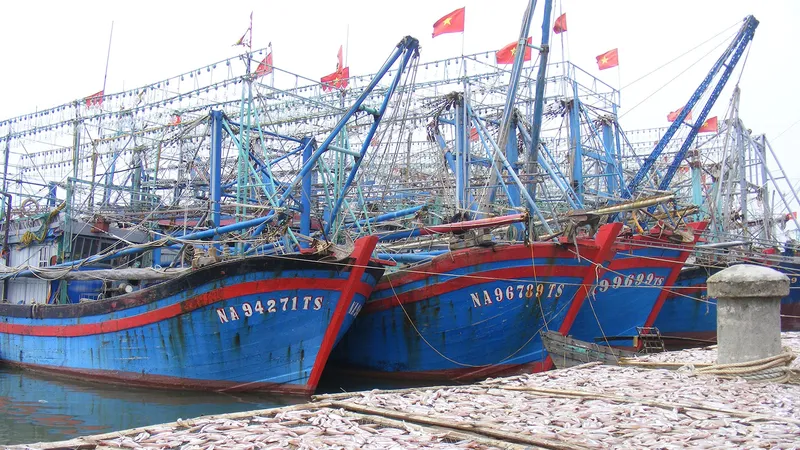 Hàng loạt tàu đánh cá tại làng biển xã Quỳnh Lập (thị xã Hoàng Mai, Nghệ An) nằm bờ. Ảnh: DUY CƯỜNG