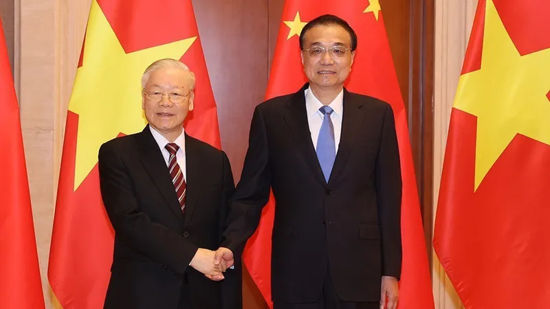 Tổng Bí thư Nguyễn Phú Trọng hội kiến Thủ tướng Trung Quốc Lý Khắc Cường, sáng 1-11. Ảnh: TTXVN