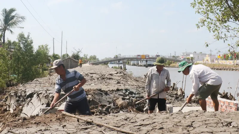  Người dân trên địa bàn xã Tân Duyệt (huyện Đầm Dơi, tỉnh Cà Mau) hiến đất, chuẩn bị mặt bằng để làm đường bê tông