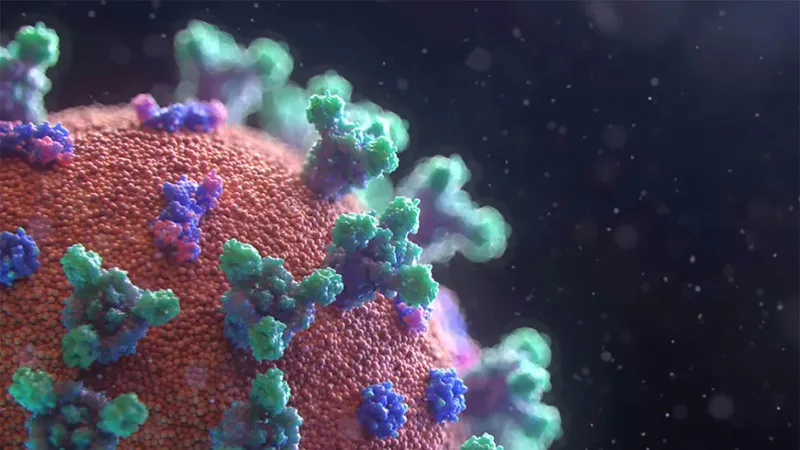 Mô phỏng virus SARS-CoV-2 tồn tại trong không khí. Ảnh: BRISTON