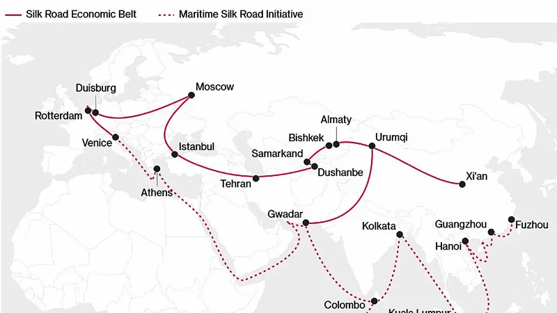 Sáng kiến Vành đai và Con đường bao gồm “vành đai” kinh tế qua Eurasia và “con đường” hàng hải kết nối các thành phố ven biển Trung Quốc tới châu Phi và Địa Trung Hải