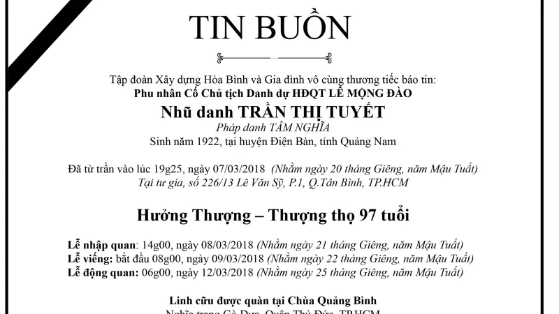 Tin buồn: Cụ bà Trần Thị Tuyết