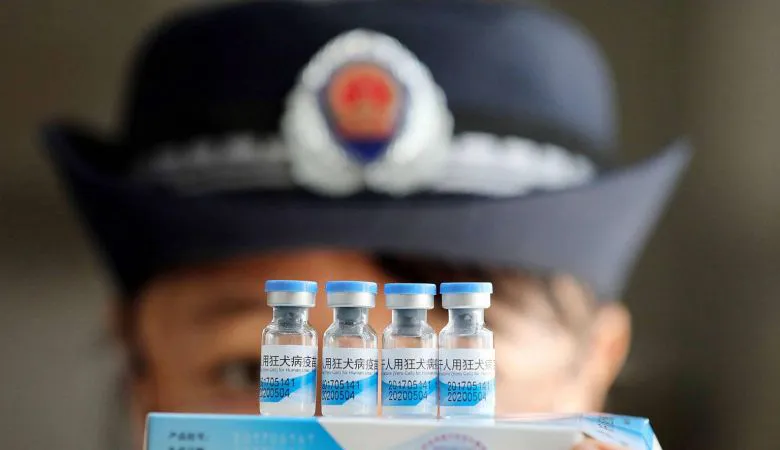 Nhân viên thực thi pháp luật kiểm tra vaccine ở Trung Quốc. Ảnh: EPA
