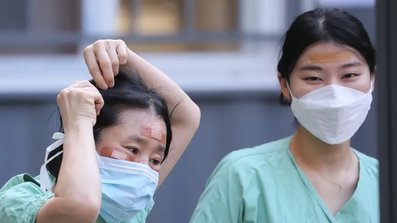 Nhân viên y tế sử dụng băng cá nhân để che vết thương trên mặt do đeo kính bảo hộ trong nhiều giờ trong khi điều trị cho bệnh nhân nhiễm Covid-19 tại Bệnh viện Dongsan ở Daegu vào ngày 4-3. Ảnh: Yonhap