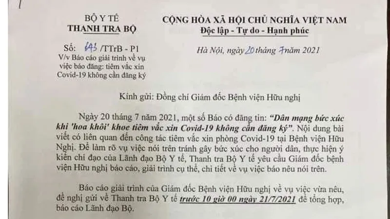 Trường hợp khoe tiêm vaccine Pfizer: Bộ Y tế yêu cầu Giám đốc Bệnh viện Hữu nghị giải trình