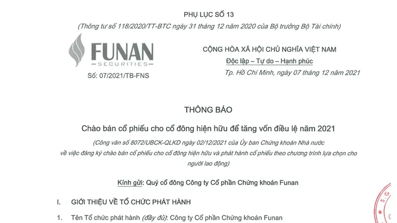 Công ty Cổ phần Chứng khoán Funan thông báo chào bán cổ phiếu