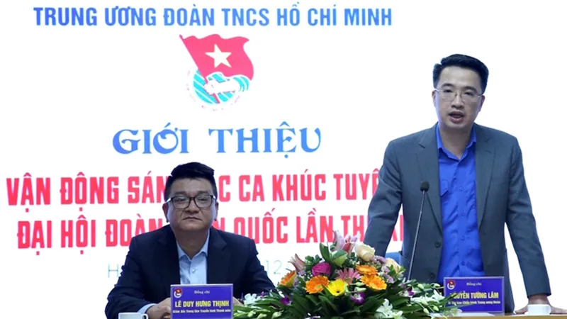 Bí thư Trung ương Đoàn Nguyễn Tường Lâm thông tin với báo chí về Cuộc vận động sáng tác ca khúc tuyên truyền cho Đại hội Đoàn toàn quốc lần thứ XII. Ảnh: Đangcongsan