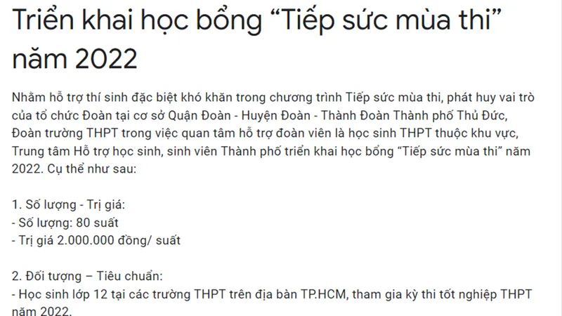 Học bổng “Tiếp sức mùa thi” năm 2022