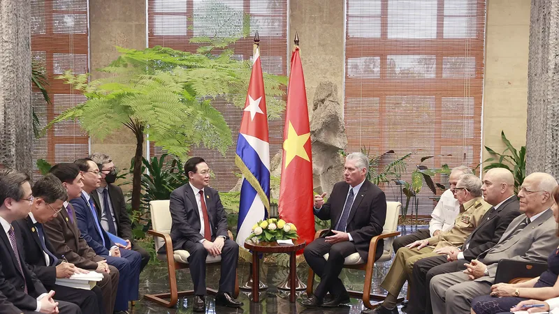 Chủ tịch Quốc hội Vương Đình Huệ hội kiến Chủ tịch nước Cuba Miguel Díaz-Canel. Ảnh: TTXVN