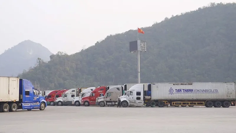 Xe chở hàng hóa tập kết tại các cửa khẩu Hữu Nghị và Tân Thanh (Lạng Sơn) chờ làm thủ tục thông quan. Ảnh: THU THỦY
