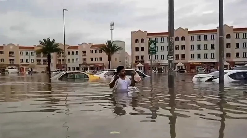 Người dân đi qua tuyến đường ngập ở Dubai