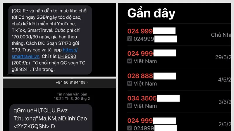 Nhiều tin nhắn rác, cuộc gọi rác từ tổng đài 024 888 và 024 999 đến khách hàng. Ảnh: Hoàng Hùng