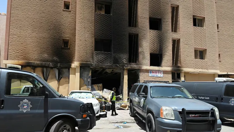 Hiện trường vụ cháy chung cư ở TP Mangaf (miền nam Kuwait), vào ngày 12-6. Ảnh: REUTERS