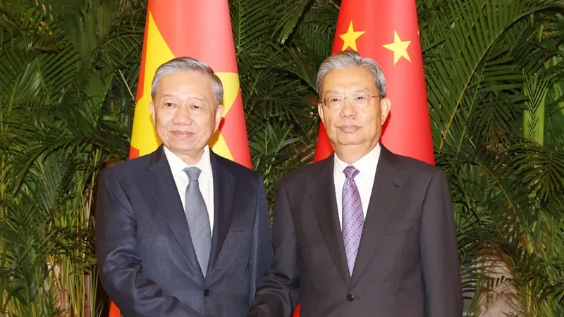 Tổng Bí thư, Chủ tịch nước Tô Lâm hội kiến Ủy viên trưởng Nhân đại toàn quốc Trung Quốc Triệu Lạc Tế. Ảnh: TTXVN