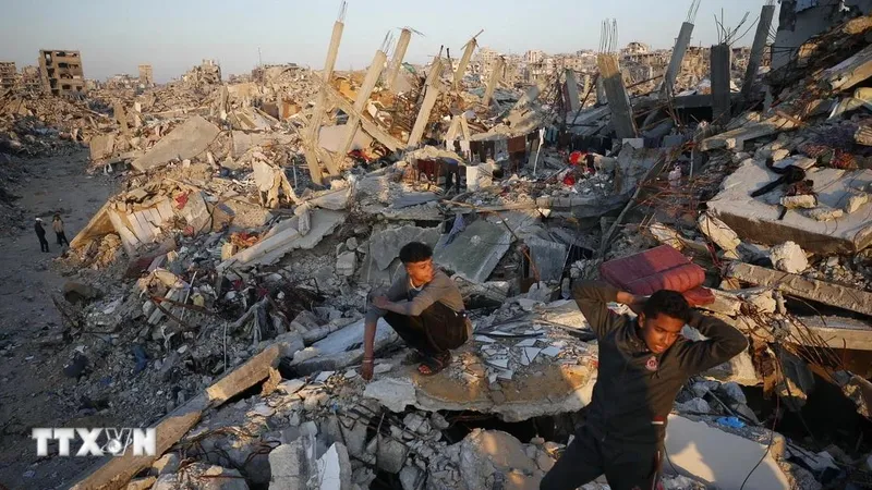 Những ngôi nhà bị phá hủy do xung đột tại Jabalia, Dải Gaza. Ảnh: THX/TTXVN