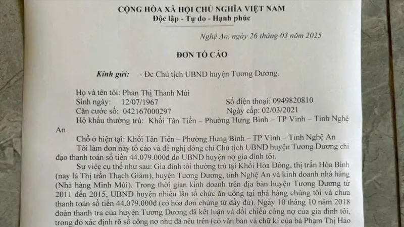 Chủ nhà hàng “tố” Văn phòng UBND huyện nợ tiền ăn uống 10 năm chưa trả