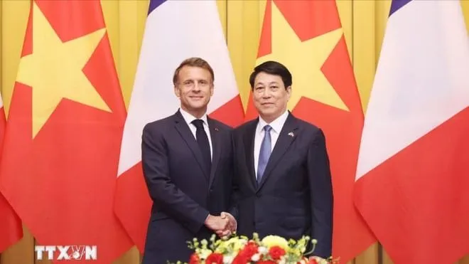 Chủ tịch nước Lương Cường phát biểu tại hội đàm với Tổng thống Pháp Emmanuel Macron. Ảnh: TTXVN