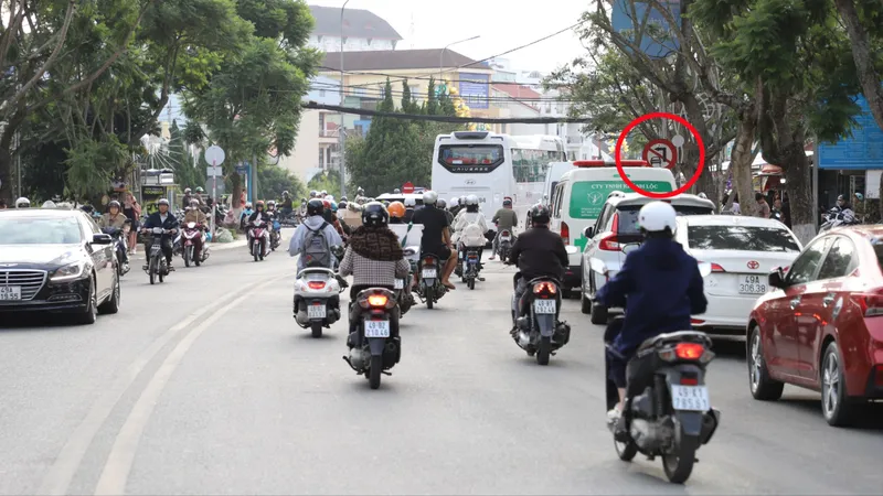 Biển báo cấm ô tô rẽ trái tại nút giao Nguyễn Văn Cừ - Bà Triệu, phường Xuân Hương-Đà Lạt (khoanh tròn) bị che khuất, khiến người điều khiển phương tiện không kịp quan sát thường xuyên bị phạt nguội tại đây. Ảnh: ĐOÀN KIÊN