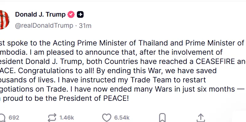 Bài viết của Tổng thống Mỹ Donald Trump trên mạng xã hội Truth Social. Ảnh chụp màn hình
