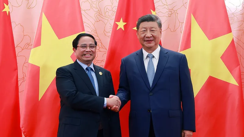 Thủ tướng Phạm Minh Chính hội kiến Tổng Bí thư, Chủ tịch nước Trung Quốc Tập Cận Bình, chiều 31-8. Ảnh: TTXVN