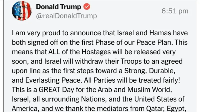 Tổng thống Donald Trump tuyên bố trên Truth Social vào tối ngày 8-9 rằng Israel và Hamas "đều đã ký kết Giai đoạn đầu tiên của Kế hoạch Hòa bình. Ảnh : Truth Social 