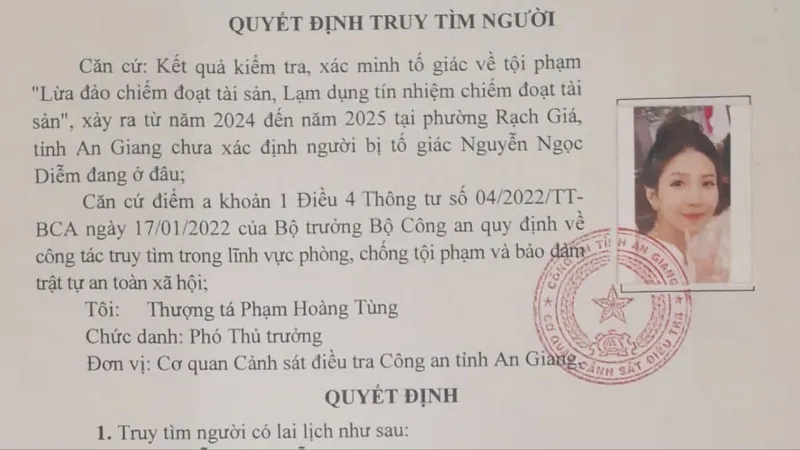 Quyết định truy tìm đối tượng Nguyễn Ngọc Diễm