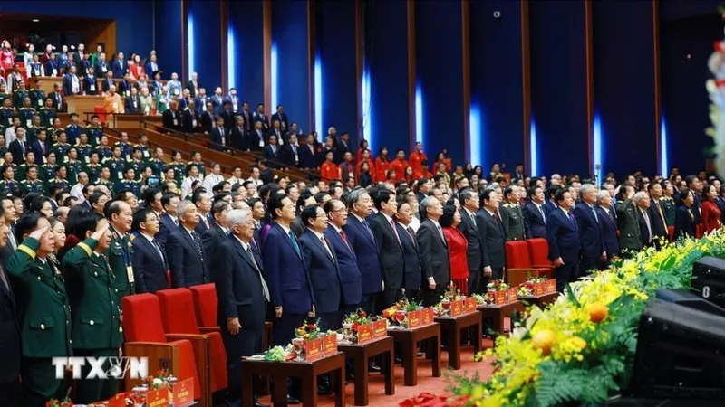 Tổng Bí thư Tô Lâm, Chủ tịch nước Lương Cường và Thủ tướng Phạm Minh Chính cùng các đại biểu tham dự Đại hội Thi đua yêu nước lần thứ XI. Ảnh: TTXVN
