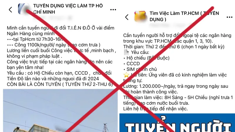 Hàng loạt các bài đăng tuyển dụng người đứng tên đổi tiền Việt sang USD, mỗi ngày nhận công hơn 1 triệu đồng. Ảnh: B.A