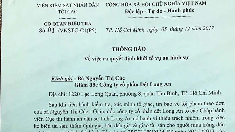 Khởi tố vụ sai phạm trong thi hành án tại Dệt Long An