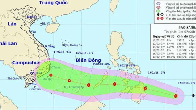 Dự báo vị trí và đường đi của bão Sanba của Trung tâm Dự báo khí tượng thủy văn trung ương