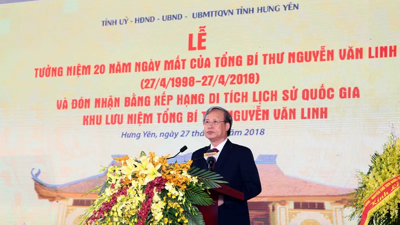 Ủy viên Bộ Chính trị, Thường trực Ban Bí thư, Chủ nhiệm Ủy ban Kiểm tra Trung ương Trần Quốc Vượng phát biểu tại buổi lễ. Ảnh: VGP
